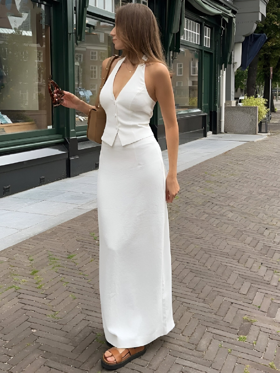 White Halter Vest & Maxi Skirt Set