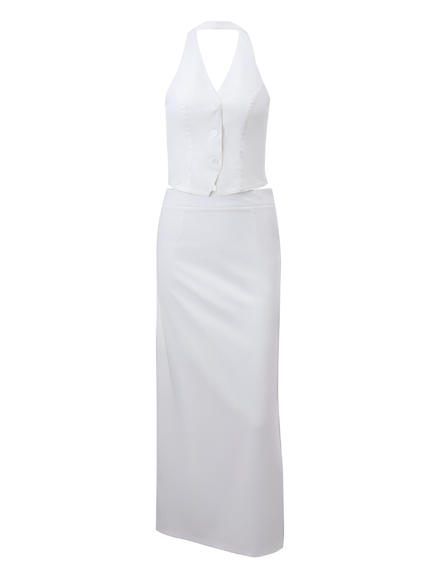 White Halter Vest & Maxi Skirt Set