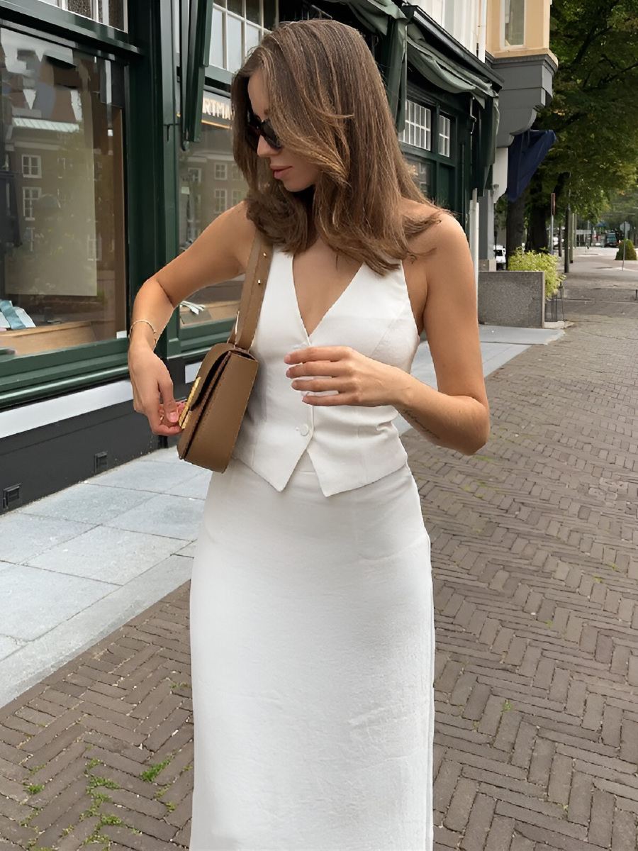 White Halter Vest & Maxi Skirt Set