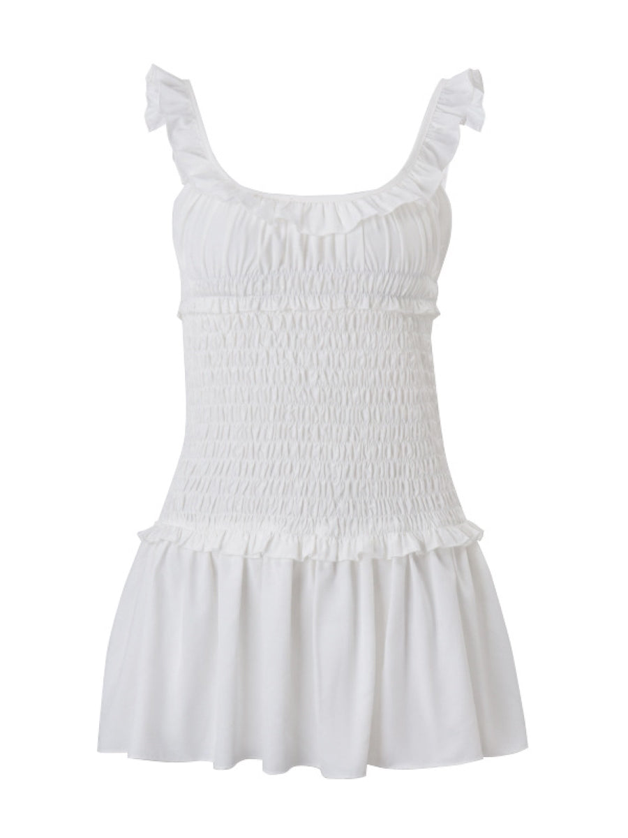 White Smocked Ruffle Mini Dress