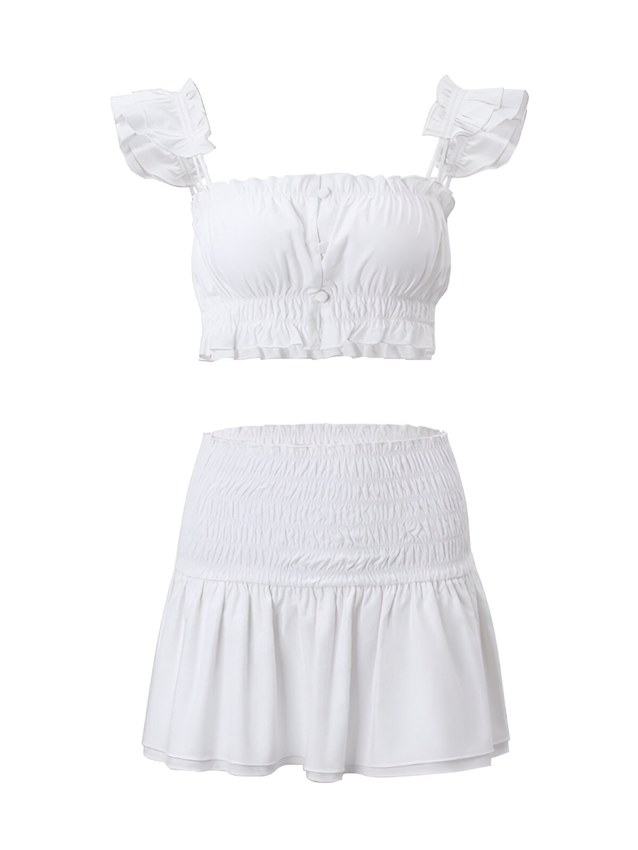 White Ruffle Crop Top & Skirt Set