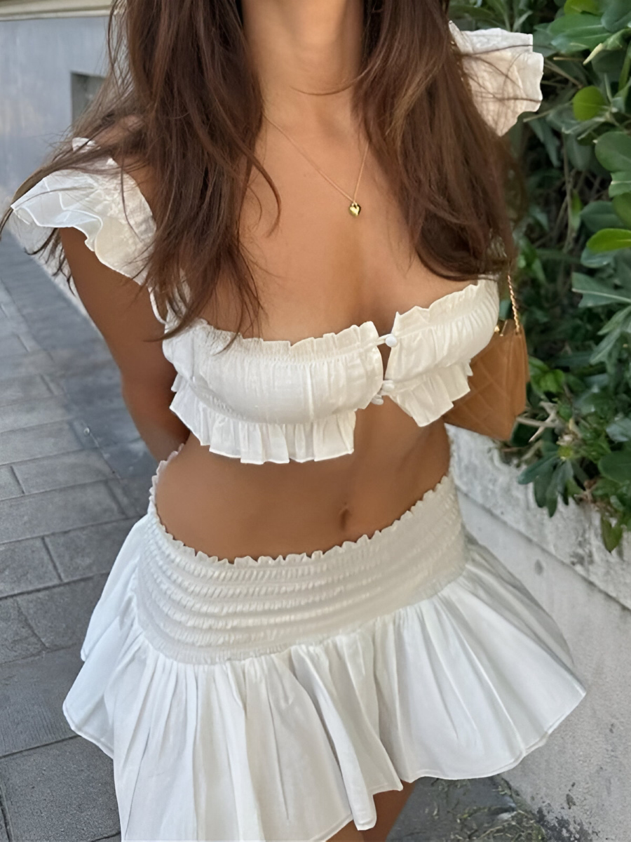 White Ruffle Crop Top & Skirt Set