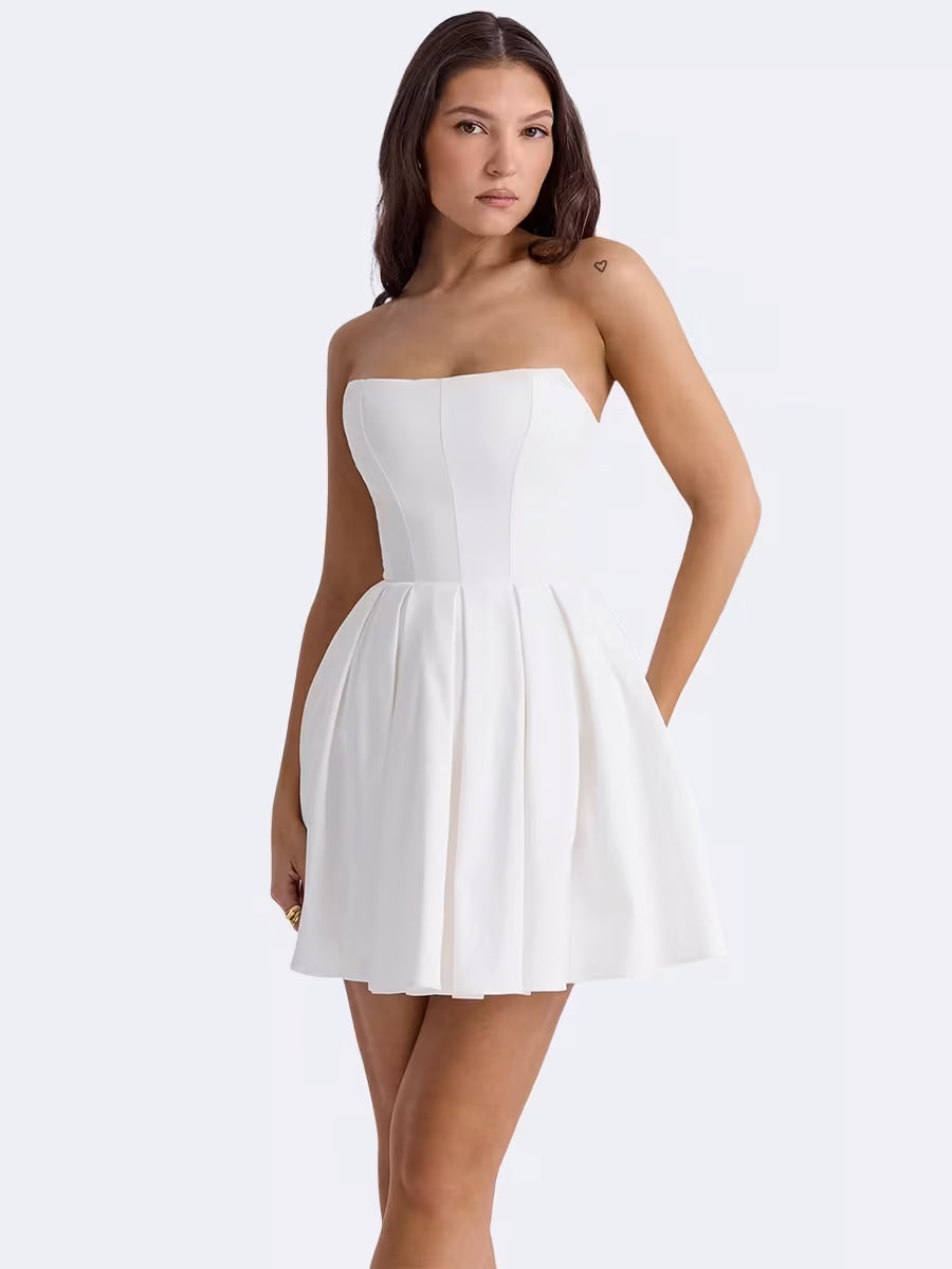 White Strapless Pleated Mini Dress