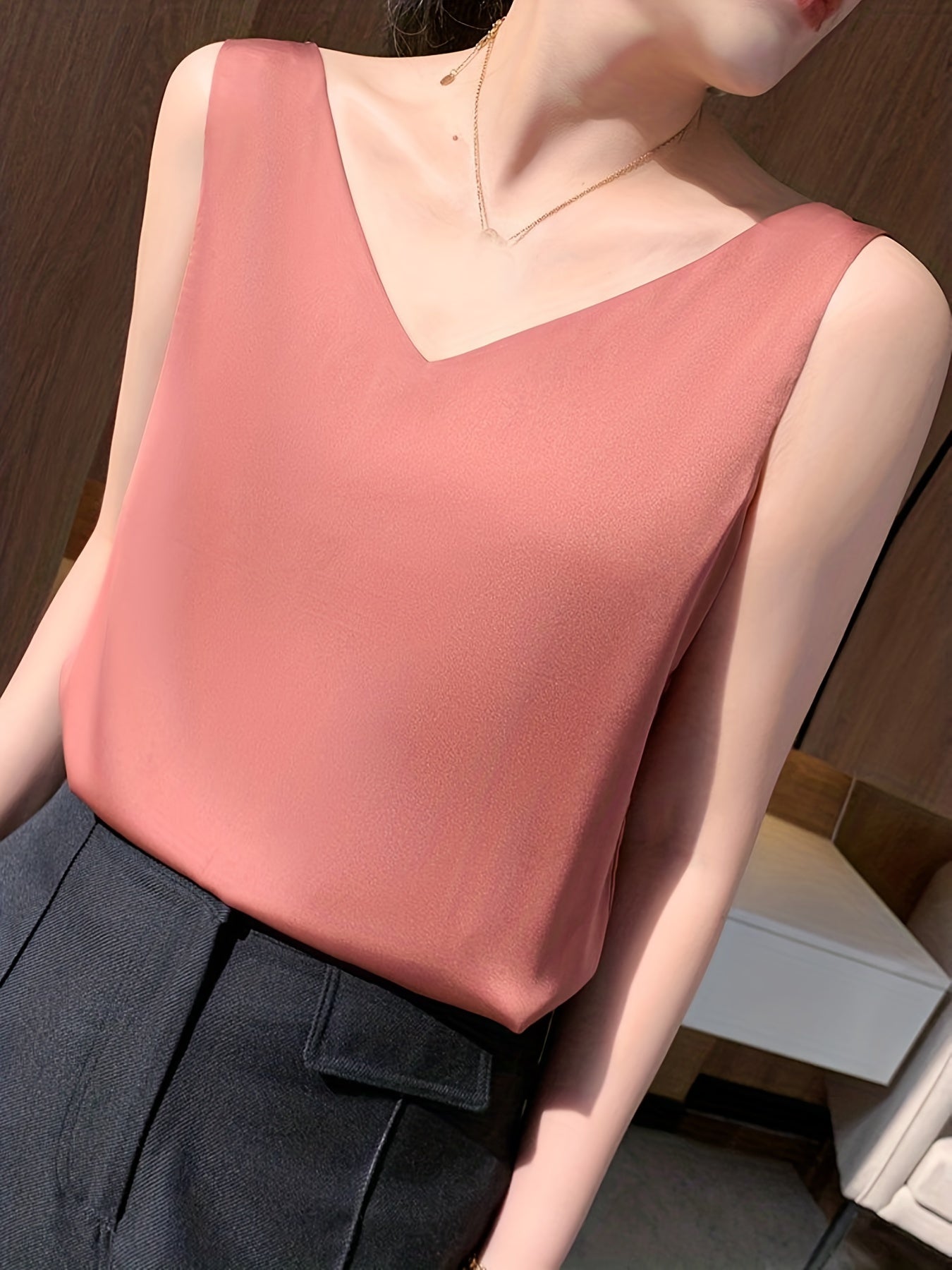 Sleeveless V-Neck Satin Top