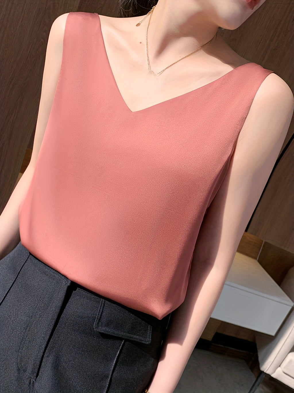 Sleeveless V-Neck Satin Top