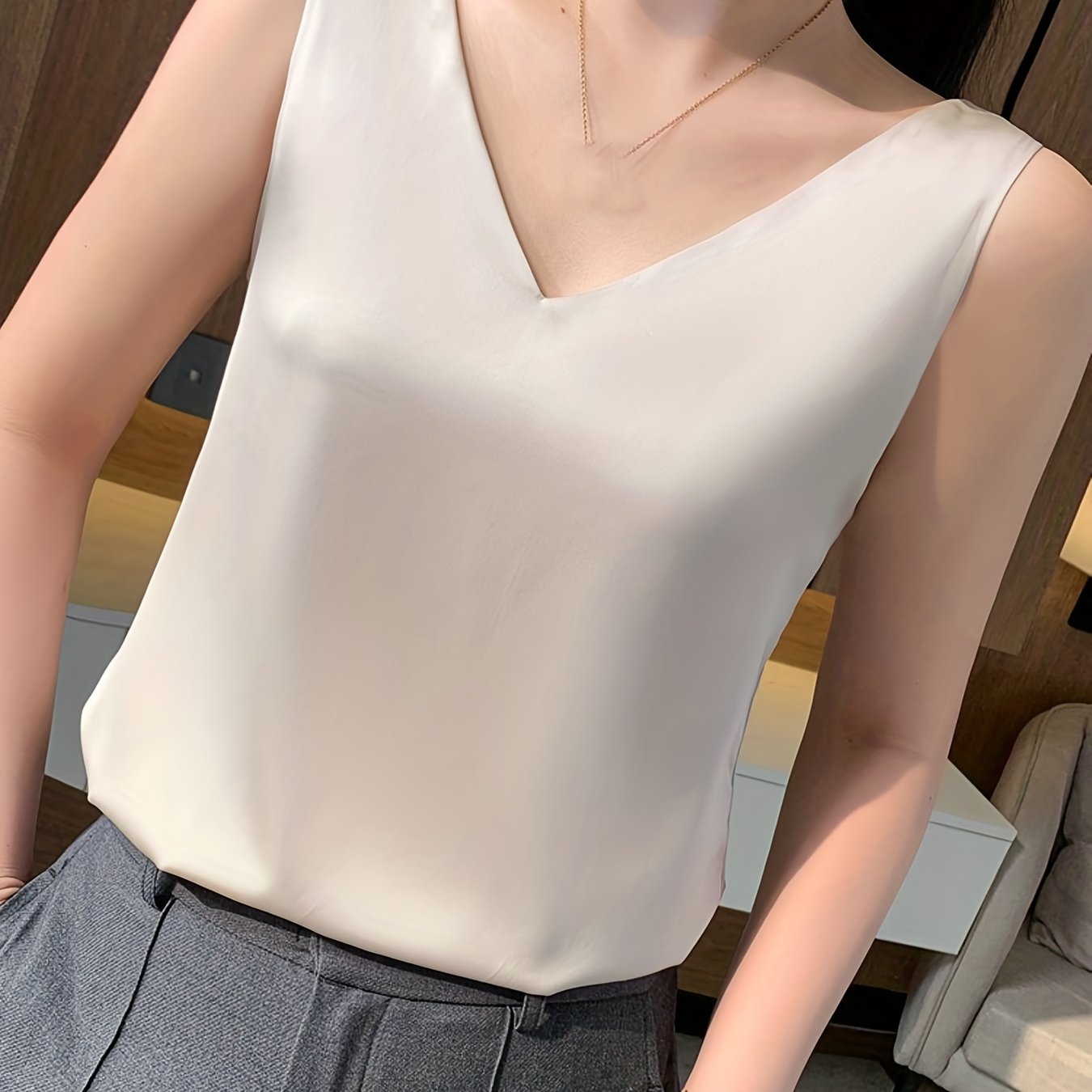 Sleeveless V-Neck Satin Top