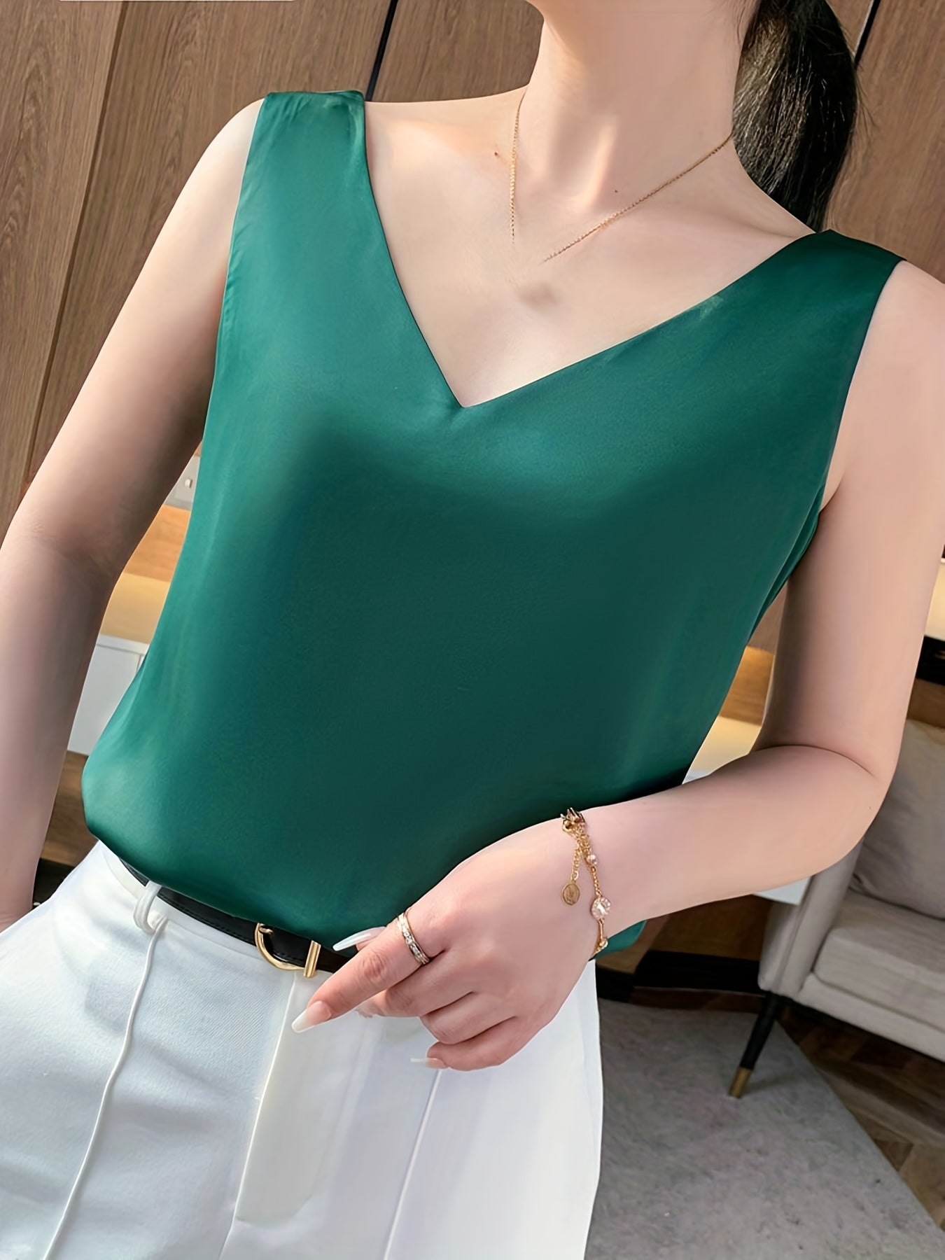 Sleeveless V-Neck Satin Top