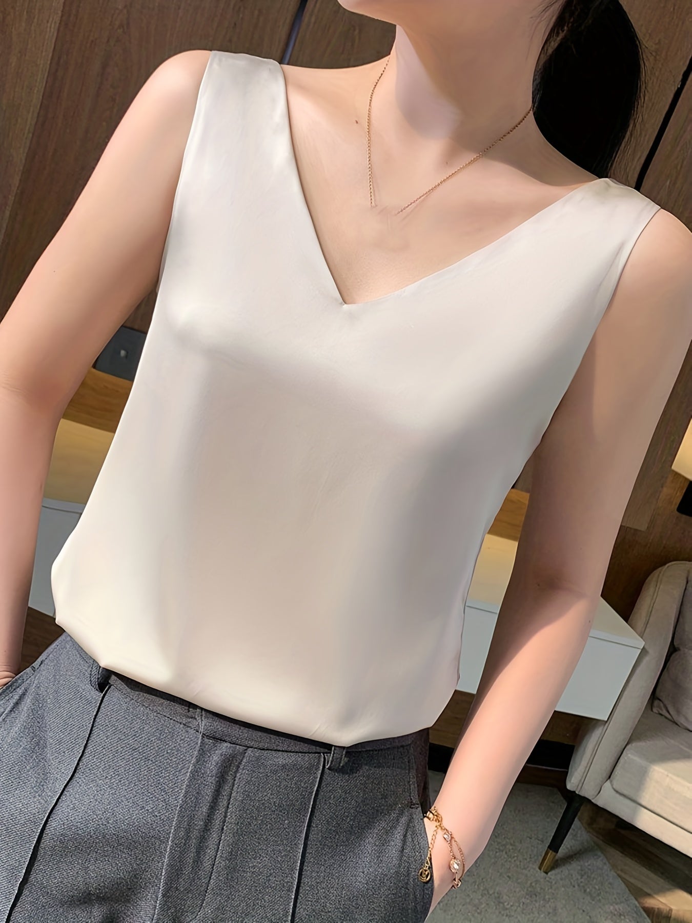 Sleeveless V-Neck Satin Top