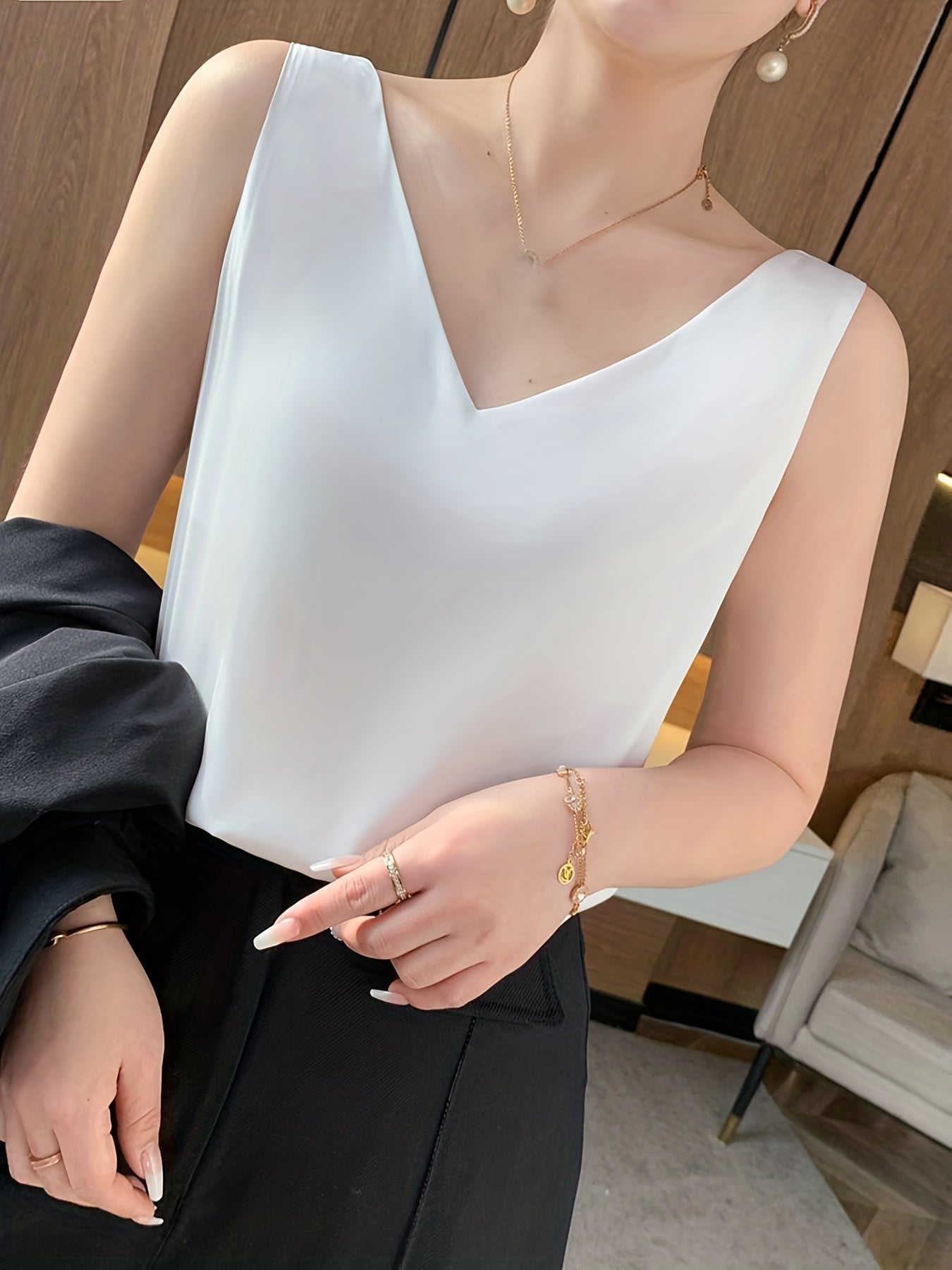 Sleeveless V-Neck Satin Top