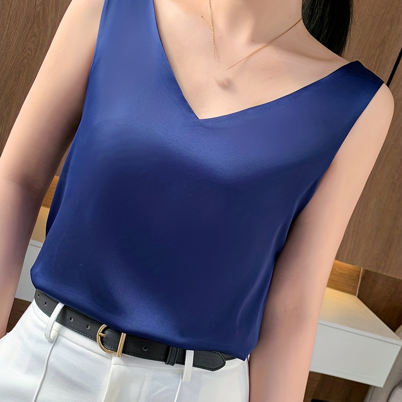 Sleeveless V-Neck Satin Top