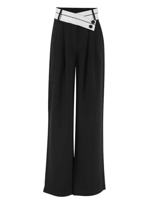 Chic Color Contrast Pleated Wide Leg Work Trousers 1