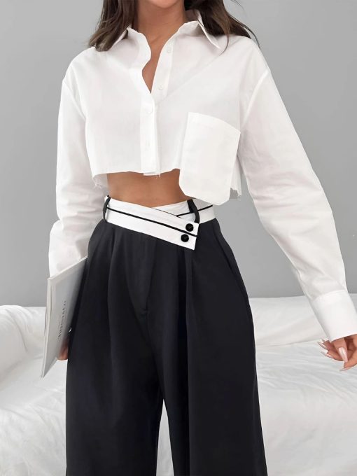 Chic Color Contrast Pleated Wide Leg Work Trousers 4