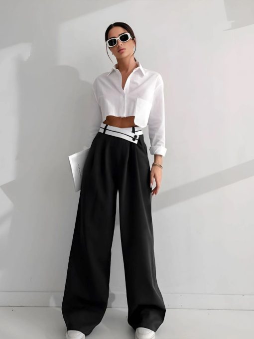 Chic Color Contrast Pleated Wide Leg Work Trousers 5