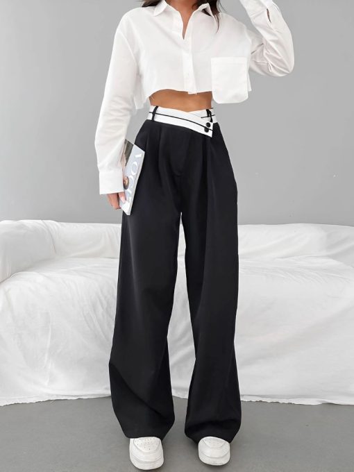 Chic Color-Contrast Pleated Wide-Leg Work Trousers