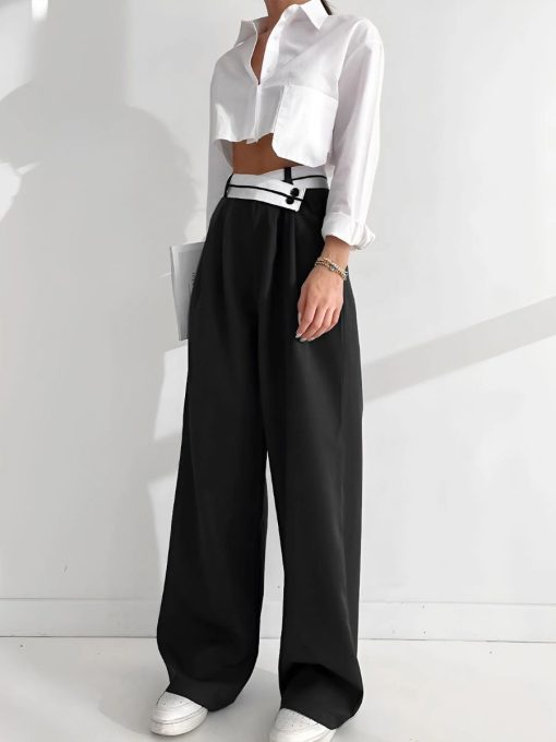 Chic Color Contrast Pleated Wide Leg Work Trousers 6