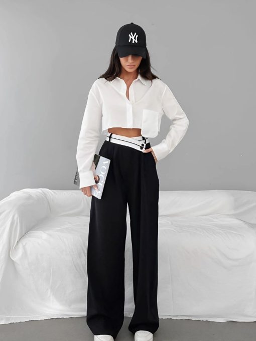 Chic Color Contrast Pleated Wide Leg Work Trousers 8