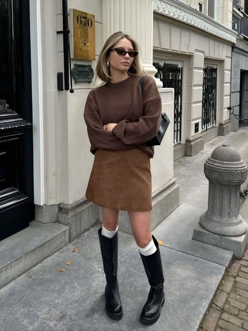 Classic Brown Suede Knit Mini Skirt 2