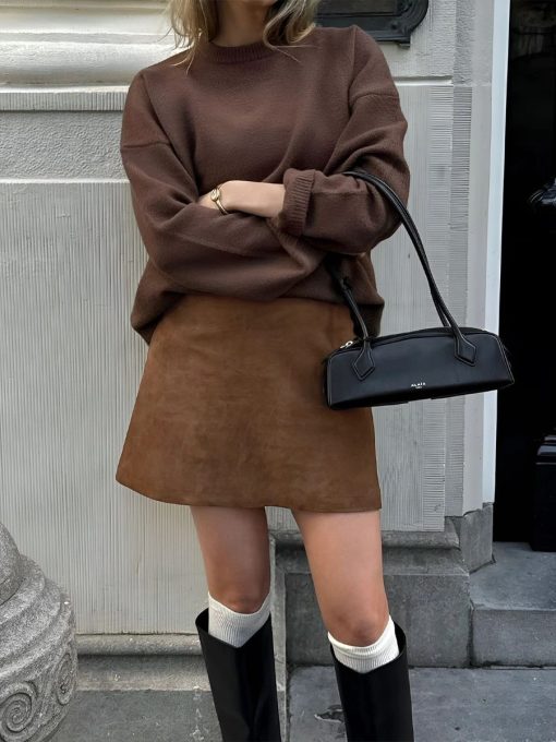 Classic Brown Suede Knit Mini Skirt 6