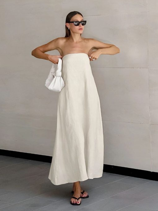 Elegant French Khaki Tube Dress in Cotton Linen 1