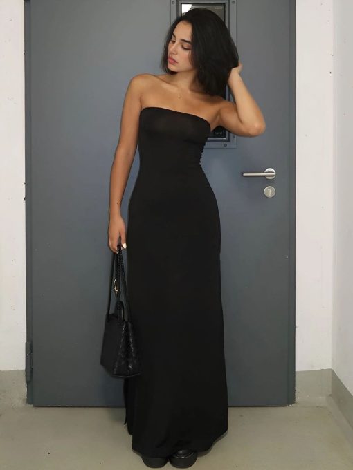 Elegant Strapless Backless Maxi Dress with High Slit