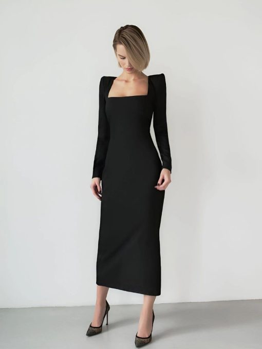 Fitted Black Midi Dress with Long Sleeves 2