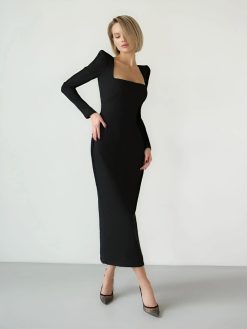 Fitted Black Midi Dress with Long Sleeves