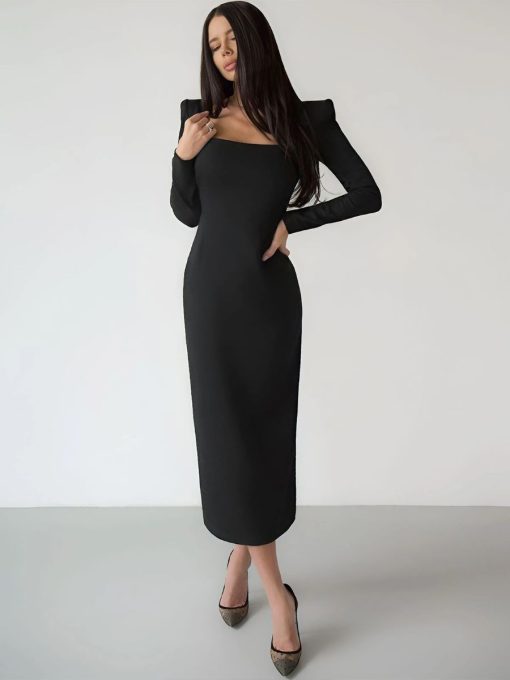 Fitted Black Midi Dress with Long Sleeves 6