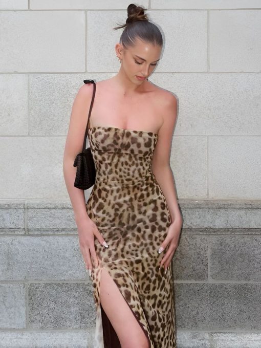 Leopard Print Strapless Slit Midi Dress 1