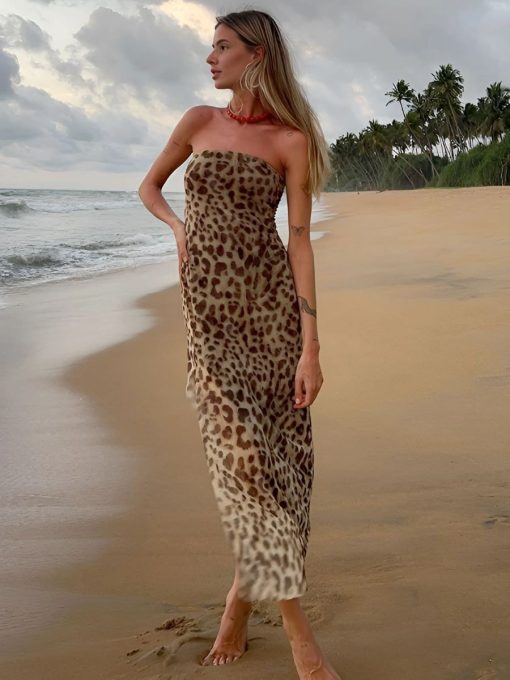 Leopard Print Strapless Slit Midi Dress 3