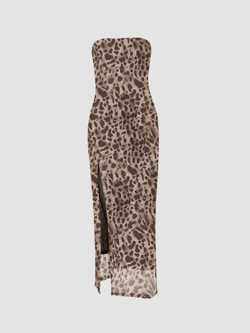 Leopard Print Strapless Slit Midi Dress