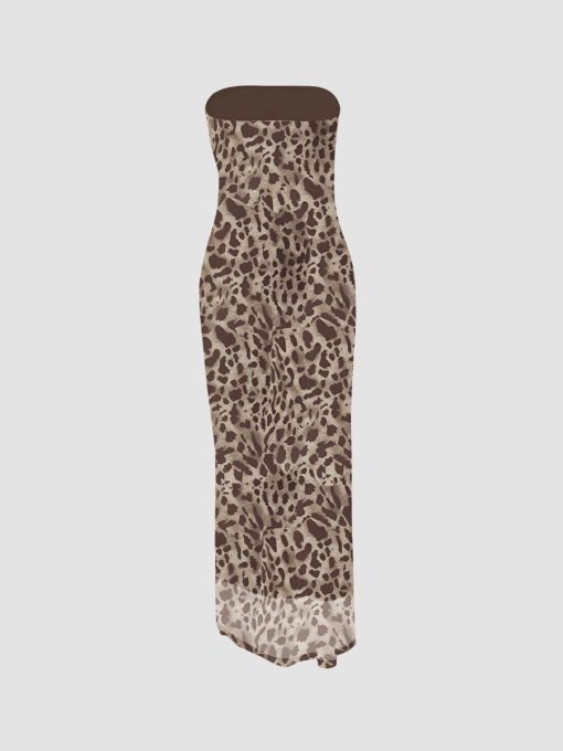 Leopard Print Strapless Slit Midi Dress 9