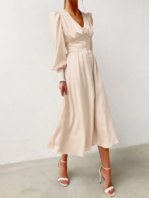 New Spring Satin Dress with Lantern Sleeves