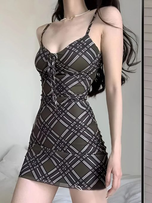 Plaid Tie-Front Spaghetti Strap Mini Dress