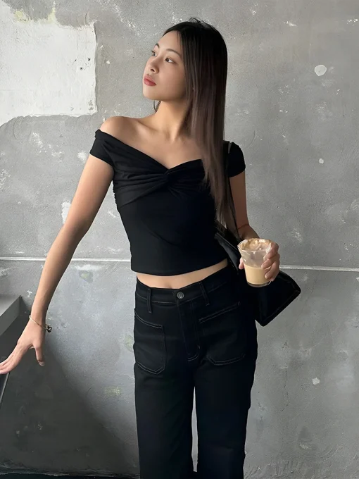 Sexy Off Shoulder Twist Front Ultra Crop Top 2