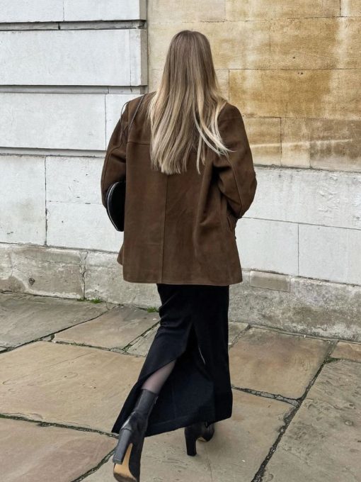 Vintage Brown Suede Turn Down Collar Loose Coat 6