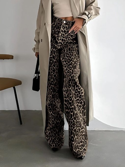 Women Woven Leopard Print Vintage Wide Leg Pants 2