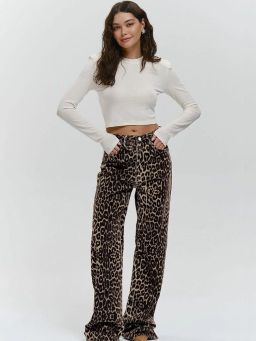 Women Woven Leopard Print Vintage Wide Leg Pants 3