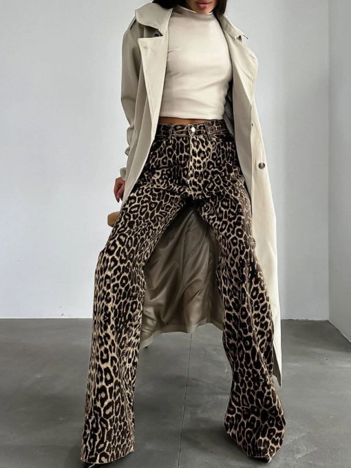 Women Woven Leopard Print Vintage Wide Leg Pants 5