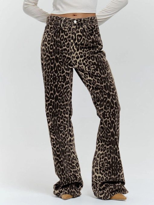 Women Woven Leopard Print Vintage Wide Leg Pants