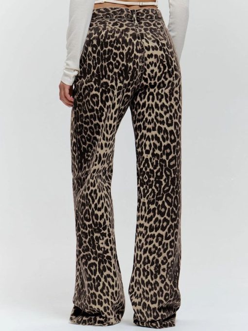 Women Woven Leopard Print Vintage Wide Leg Pants 7