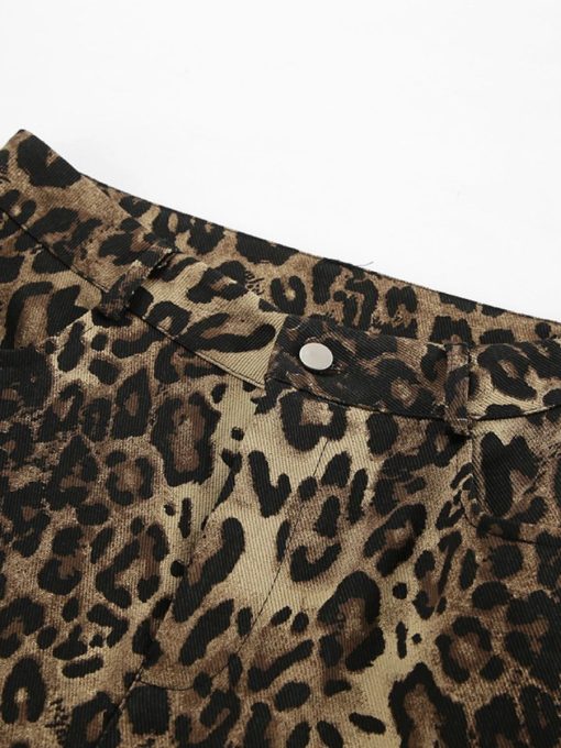 Women Woven Leopard Print Vintage Wide Leg Pants 8