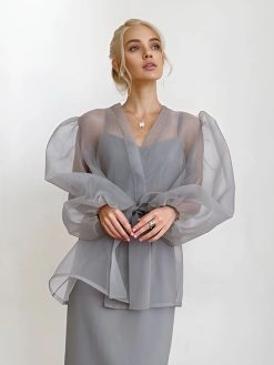 Women's Sheer Mesh Puff-Sleeve Long-Sleeve Blouse