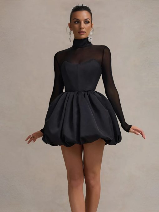 black satin high neck mini dress with sheer 1