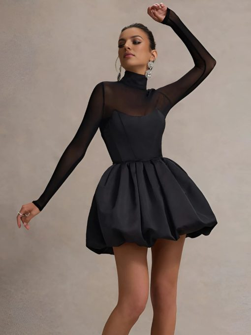 black satin high neck mini dress with sheer 2