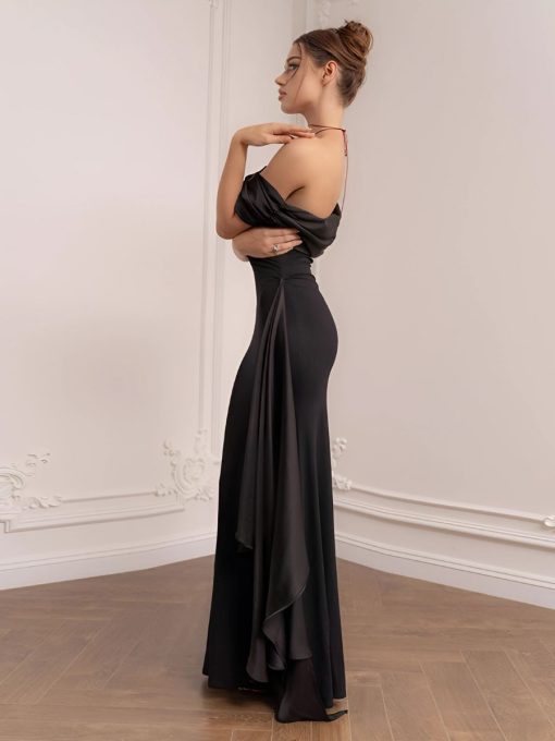 chic off shoulder fitted black maxi dress 1