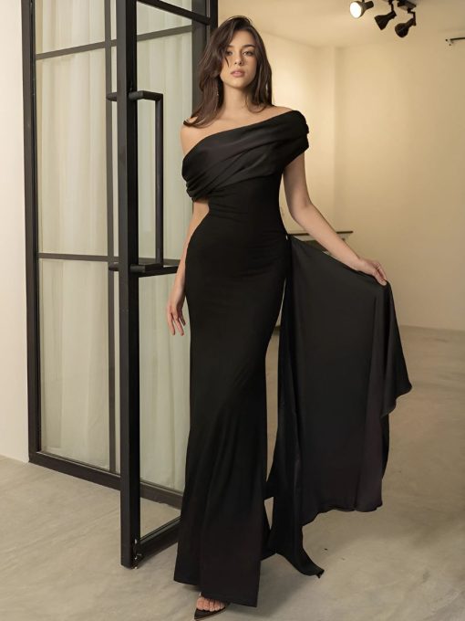 chic off shoulder fitted black maxi dress 3