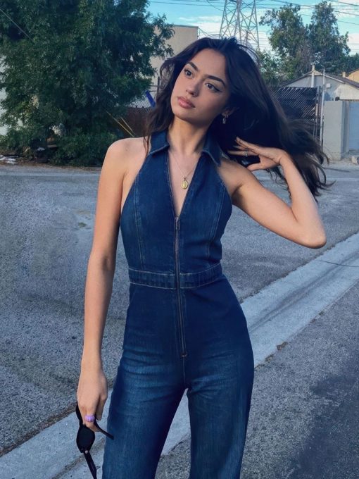 deep v neck retro flared jean jumpsuit 1