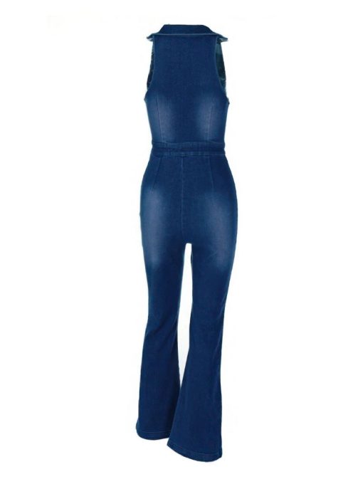 deep v neck retro flared jean jumpsuit 2