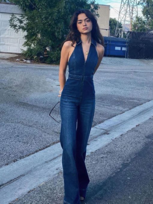 deep v neck retro flared jean jumpsuit 4