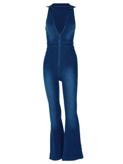 deep v neck retro flared jean jumpsuit 6